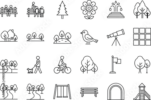Large set of twenty four minimalist line art icons for park nature and outdoor activities featuring trees benches and playground equipment.
