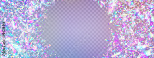 Hologram Confetti For Carnival. Birthday Bg With Light, Crystal, And Ribbon Effects. Sunlight Glare Leaks Through Prism, Forming A Color Spectrum. Blue And Purple Hologram Confetti