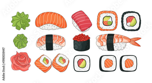 Hand drawn assorted sushi icons with nigiri maki and gunkan.
