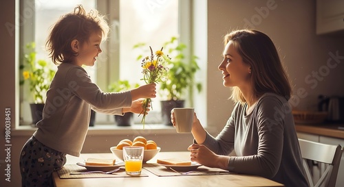 Mother and child sharing a heartwarming breakfast moment with flowers