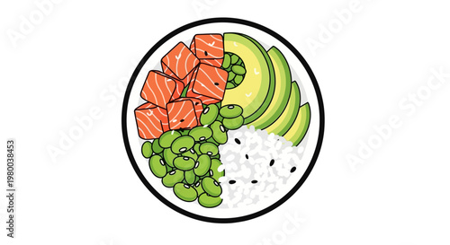 Salmon avocado edamame rice poke bowl illustration.