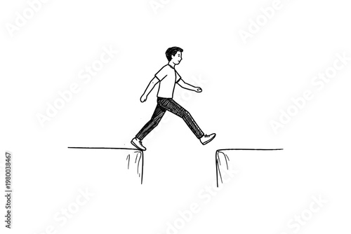 Man bravely leaps across a wide chasm, symbolizing courage and overcoming obstacles