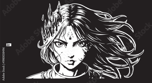 Anime girl, manga illustration, black and white vector, comic book art, fantasy character