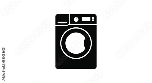 Modern front loading washing machine icon in stark black a clean silhouette
