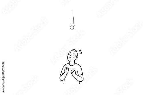 Person looking up with fear as a small object falls towards them