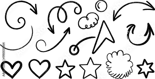 Set of hand drawn doodle arrows, hearts, stars, and clouds, sketch style elements vector illustration on transparent background.