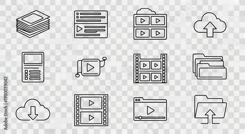 Collection of video editing and file management icons, representing digital media and data storage solutions