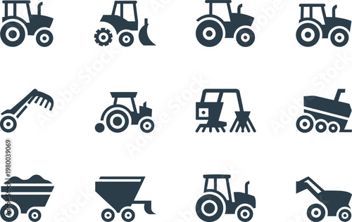 Set of various agricultural machinery icons depicting tractors harvesters and heavy duty farm equipment for cultivation