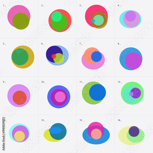 Abstract geometric circle logos, set of 16 colorful overlapping round shapes, modern minimalist branding elements for corporate identity, vibrant multi-colored circular vector icons