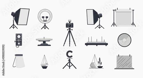 Comprehensive Collection of Photography Studio Equipment Icons Essential Gear for Professional and Hobby Photographers, Including Lighting, Cameras, and Accessories Vector Set