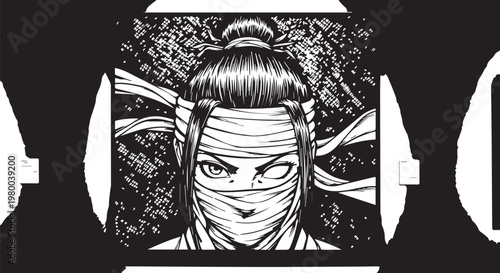 Manga, anime, ninja, bandit, masked character, black and white, comic book illustration, vector graphic