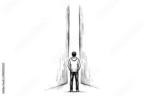 Man standing at the entrance to a bright, narrow passage, contemplating his next move