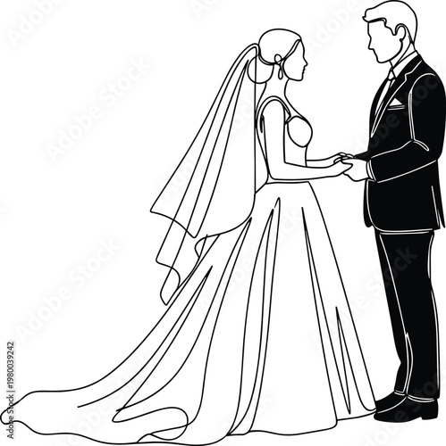 Minimalist line art illustration of a bride and groom holding hands together during their wedding ceremony for a romantic marriage.