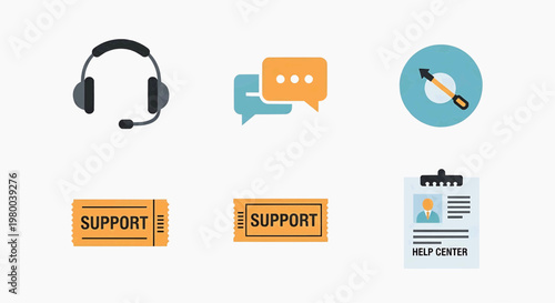 Modern Customer Support and Help Center Icon Collection, Featuring Flat Design Vectors for Business Communication and Online Assistance Services