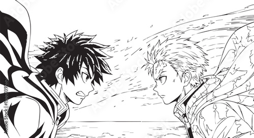 Anime style illustration, manga characters, black and white, two men facing each other