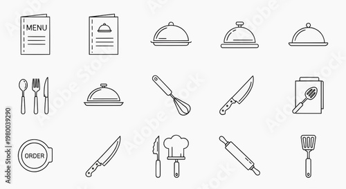 A collection of kitchen utensils and food icons are shown on a menu
