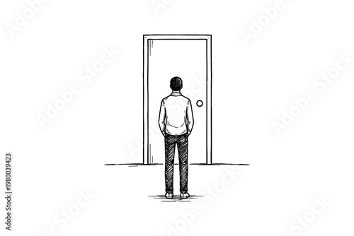 A person contemplating at a door with uncertainty and thoughtfulness