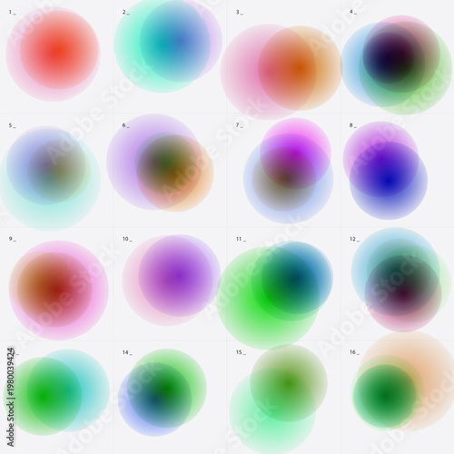 Abstract gradient circle set with 16 colorful blurred aura elements, vibrant round glow shapes in soft pastel and neon tones, modern grainy texture spheres for UI design and branding
