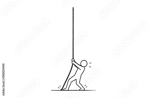Stick figure pulling a rope upwards with great effort and determination