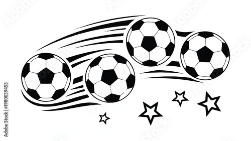 Dynamic black and white line art featuring multiple soccer balls in motion, with energetic speed lines and scattered stars, ideal for sports graphic design