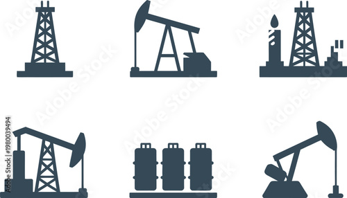 Set of dark industrial icons representing oil extraction and refinery equipment for global energy sector projects