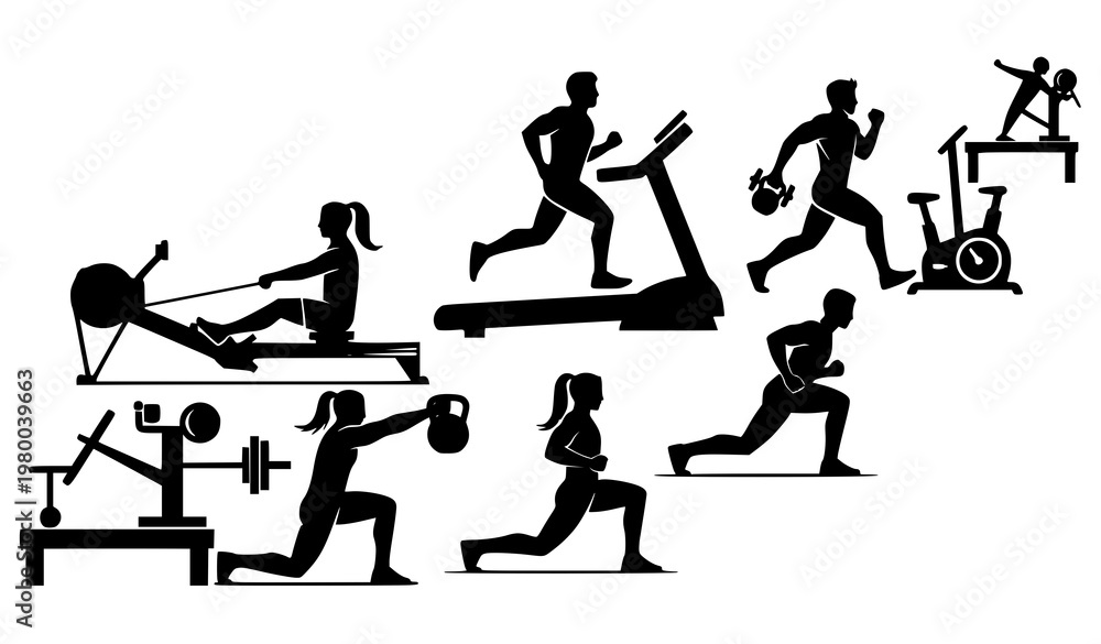 Fototapeta premium Dynamic gym workout silhouettes with rowing treadmill kettlebell and weight training vector