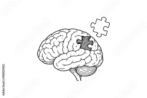 Brain with a missing puzzle piece representing memory loss or cognitive decline