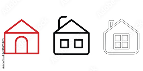 Collection of three stylized house icons: red outline, black outline, and sketch