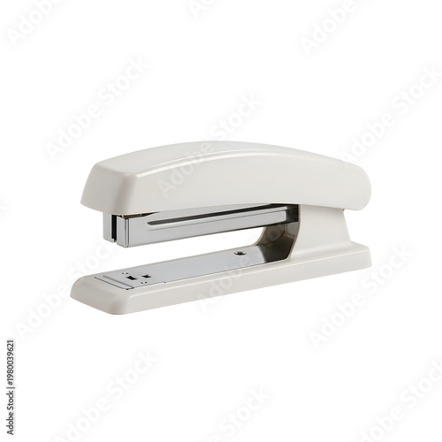 Modern white desk stapler with clear plastic body and metal base