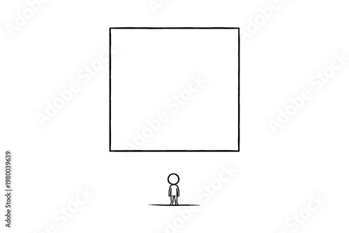 Small figure standing below a large empty square, symbolizing ambition and goals