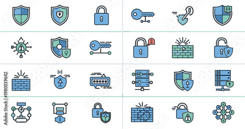 Cyber security and data protection icons vector set with shields locks encryption keys firewall and network safety symbols collection