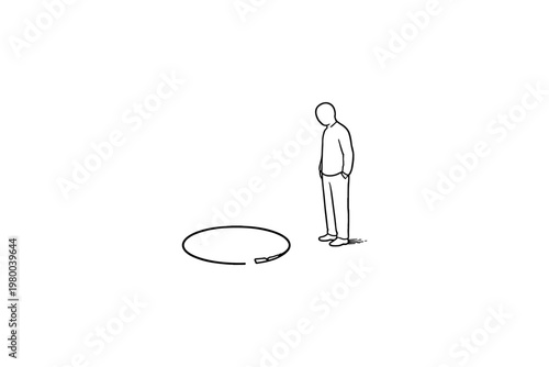 Minimalist drawing of a person looking down at a broken circle on a white background