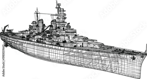 Detailed battleship wireframe model showing internal structure and deck systems complex naval engineering line illustration