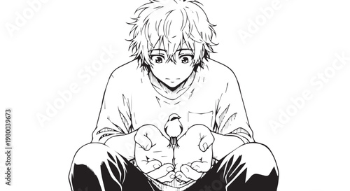 Cute anime boy, manga character, black and white illustration, smiling kid, vector cartoon