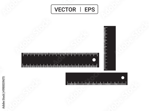 Set of black rulers measuring tools with lines and numbers for school education.