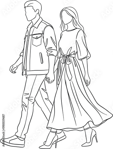 Minimalist line art illustration of a stylish young couple walking together and holding hands for lifestyle and fashion concept projects.