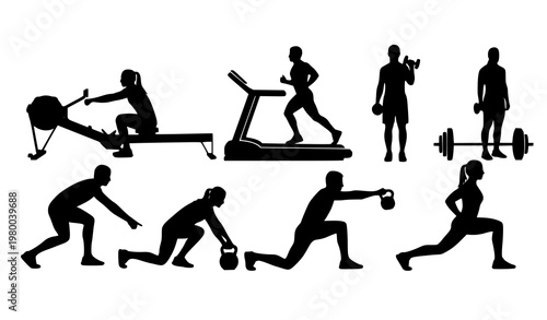 Fitness silhouettes set with rowing treadmill weights kettlebell and lunges gym workout vector