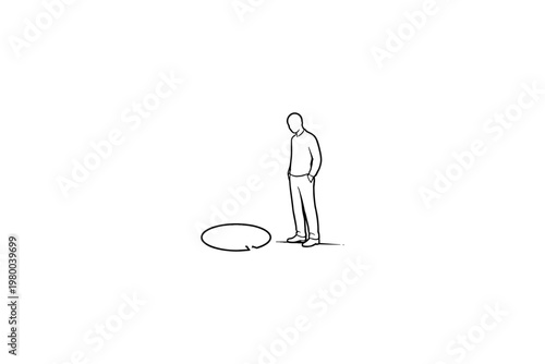 Man contemplating a circular opening on a white background