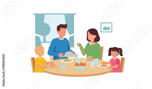 Family eating dinner together home interior flat vector illustration