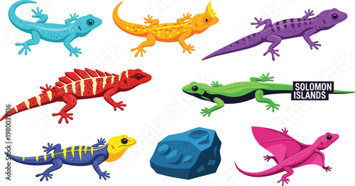 Colorful Lizard Vector Set Featuring Solomon Islands Dragon, Chameleons, and Vibrant Reptiles for Wildlife and Nature Designs