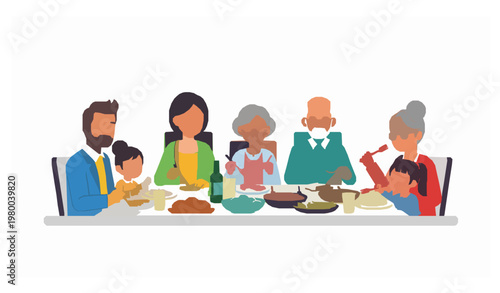 Family meal parents and kids dinner bonding cartoon vector