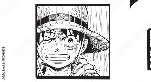 Manga, anime, cartoon character, smiling boy, straw hat, black and white