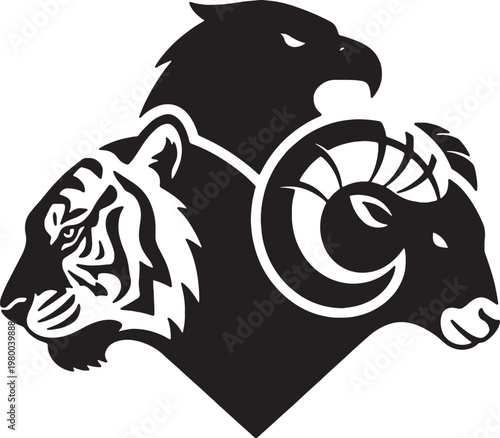 Tiger Eagle and Ram Shield Logo, Black and White Animal Mascot Vector, Predatory Trio Crest