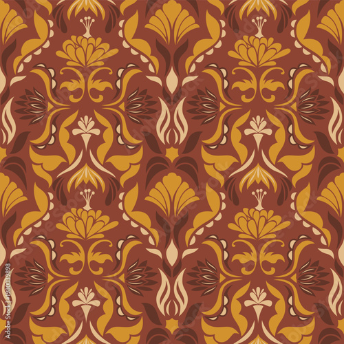 70s Retro Floral Seamless Pattern: Stylized Damask with Mustard Yellow Palmettes and Terracotta Lotus for Boho Wallpaper and Autumn Textiles