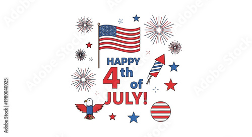 Happy 4th of July Celebration with American Flag Fireworks and Eagle.