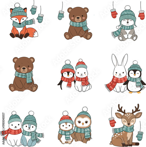 Cute winter animals collection with bear, fox, rabbit, penguin and deer wearing scarves and hats in cozy seasonal cartoon illustration set