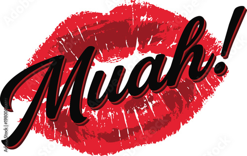 Red lipstick kiss mark graphic with Muah text in elegant script font for romantic greeting cards and social media design elements on white
