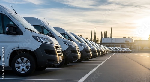 A fleet of white commercial delivery vans parked in a row at sunset