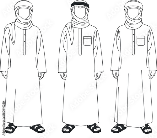 Arab men wearing traditional thobe kandura clothing standing front view line art vector illustration isolated set