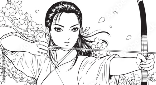Asian woman, archer, samurai, martial arts, vector illustration